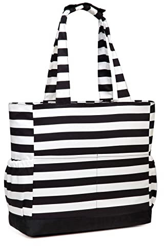 VASCHY Bolsa Playa Grande, Bolsa de Viaje con Cremallera Bolso de Mano XXL Familiar Bolso de Hombro Plegable Bolsos Totes Bolso Shopper con 9 Bolsillos para Viaje Compras Fiesta Pícnic, Rayas Negras