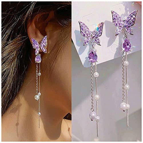 Aneneiceera Vintage Purple Crystal Butterfly Stud Earrings Long Pearl Tassel Chain Earrings Silver Butterfly Pearl Dangle Earrings Purple Acrylic Butterfly Earrings Jewelry for Women and Girls