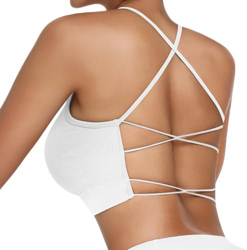 Vertvie Damen Sport BH Gepolstert Crossback Yoga Sports Bra Spaghettiträger Rücken Verkreuzt Gerippt Bustier Ohne Bügel Atmungsaktiv BH mit Abnehmbaren Cups(1pc: Weiß,XS)