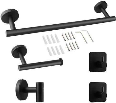 Toallero de Baño, Accesorios baño,Que Incluye 1 toallero, 1 portarrollos y 3 Ganchos. El Conjunto Completo Ofrece soluciones prácticas para el baño (Negro)