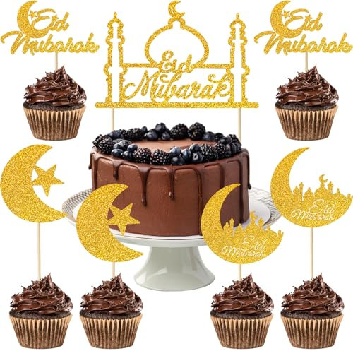 NVTRSD 25 Stück Eid Mubarak Tortendeko, Eid Mubarak Dekoration, Ramadan Kareem Kuchendekoration, Eid Mubarak Glitzer Topper, Muslimische Party Schmuck, Islamische Stern und Mond Cupcake Dekoration