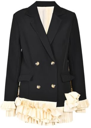 Fnfmrfmr Frauen Schwarz Casual Blazer Langarm Revers Knopf gespleißt Plissee Loose Fit Jacke Herbst, Schwarz , 40