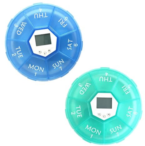 Automatischer Pillenspender, 7 Tage, elektronischer Medikamenten-Organizer, Tablettenbox mit Timer und Erinnerung für verschreibungspflichtige Vitamine, Grün und Blau, 2 Stück