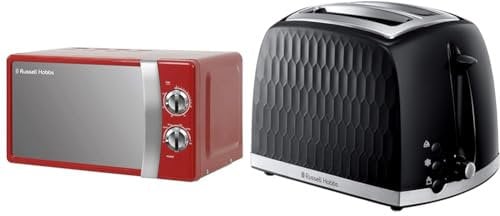 Russell Hobbs RHMM701R 17 Litre 700 W Red Solo Manual Microwave with 5 Power Levels, Ringer & Timer & 26051 Cordless Electric Kettle - Contemporary Honeycomb Design