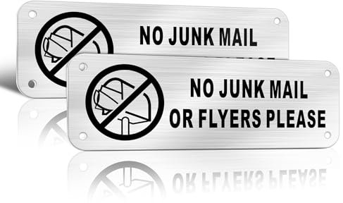 TAKULA No Junk Mail Sticker for Letterbox-15 * 5cm Brushed Metal Aluminium Sign with Pre-drilled Self-adhesive Holes-Stop Sign for Front Door Wall Mailboxes|Pack of 2