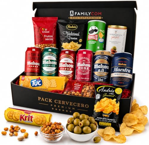 FAMILYCOM Cesta Cervezas Mahou. Cesta con frutos secos y snacks. Surtido de Cervezas Mahou 5 Estrellas para regalar. Regalo original para Él, Ella, Día del Padre, cumpleaños, San Valentín