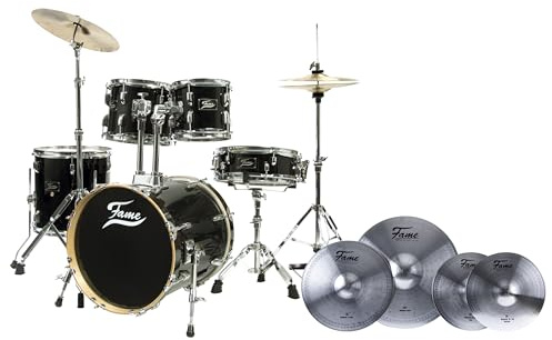 FAME Maple Standard Jungle Set, Schlagzeug in Schwarz, inklusive Cymbal Set mit 20 Zoll Ride, 16 Zoll Crash, 14 Zoll HiHat, Drum-Set und Cymbals Set