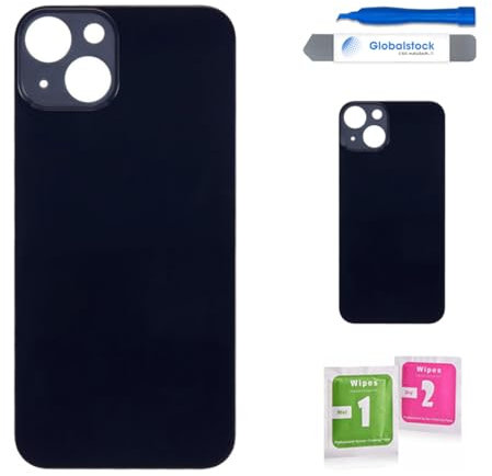 Globalstock Vitre Arrière Noir Compatible avec iPhone 13 – Cache Batterie en Verre Trempé – Remplacement Coque + Adhésif + Kit Outils Inclus