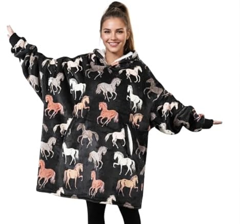 Huglanket Horse Gifts for Girls, Women, Horse Lovers, Wearable Flannel Horse Blanket Hoodies, Super Soft Warm Cozy with Big Pockets - One Size Fits Most, Grey-Black