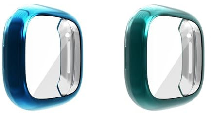 2 Stück Hülle mit Displayschutz Kompatibel mit Fitbit Versa 3/Sense, Glas Ultradünne TPU Rundum Weiche Schutzhülle für Fitbit Versa 3/Sense, Grün/Blau
