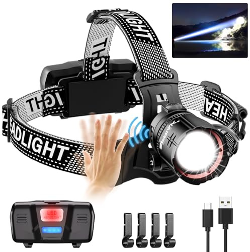 Spriak Lampe frontale LED 90 000 lumens et 100 heures d'utilisation, lampe frontale rechargeable par USB, faisceau large réglable à 90 °, détecteur de mouvement avec 5 modes, zoom pour camping, course