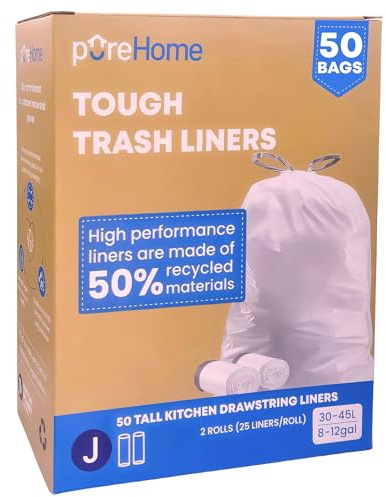 pureHome Tough Trash Bags J, Compatible with simplehuman Code J (50 Count) 8-12 Gallon / 30-45 Liter, White Drawstring Garbage Liners