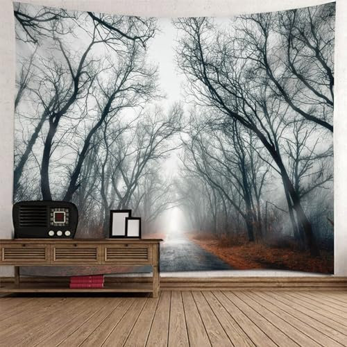 Lirzxin Wandtücher 150x130CM, Wandbehang Nebeliger Wald Gefallenen Blättern und Pfad Landschaft Grau Orange Wandteppich Tapisserie für Wohnzimmer Schlafzimmer Wohnheim Wanddeko