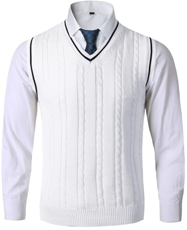 AIEOE - Hombre Chaleco de Punto Hombre V-Neck Suéter sin Mangas Chalecos Color Sólido Esencial Jersey Pull-Over sin Mangas para Primavera Invierno Otoño - M - Blanco