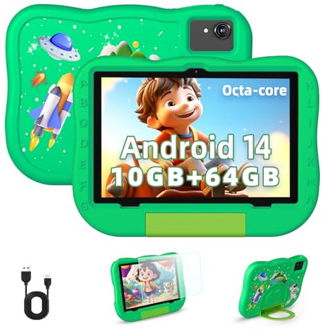 Android 14 Tablet per Bambini da 10 Pollici, 10GB RAM 64GB ROM, Tablet Octa-Core con Custodia, Display IPS 1280x800, 6000mAh, Doppia Fotocamera, Bluetooth e WiFi6, Grande Regalo per i Bambini (Verde)