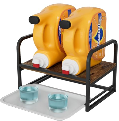 NEYCIL Waschmittelhalter aus Holz, Ständer für Flüssigwaschmittel, Metall-Waschmittel-Seifenspender mit Abtropfschale, für Waschküchen-Organisation und Aufbewahrung, Schwarz