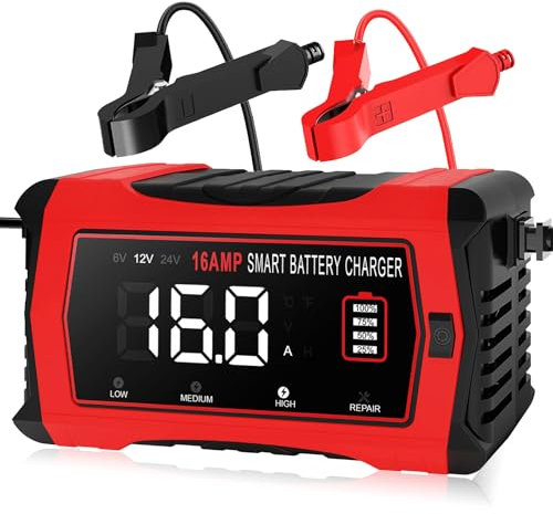 16-Amp Battery Charger, 12V 24V Lithium LiFePO4 Lead Acid Car Battery Charger 10-Stage Trickle Charger Smart Battery Maintainer w/Temp Compensation for Car Truck Lawn Mower Boat Marine