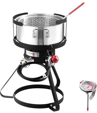 VEVOR Friteuse à poisson et ailes de 10 litres, kit de friteuse à poisson au propane en aluminium, pot à fruits de mer avec thermomètre, panier à passoire et brûleurs au propane de 54 000 BTU, pour la