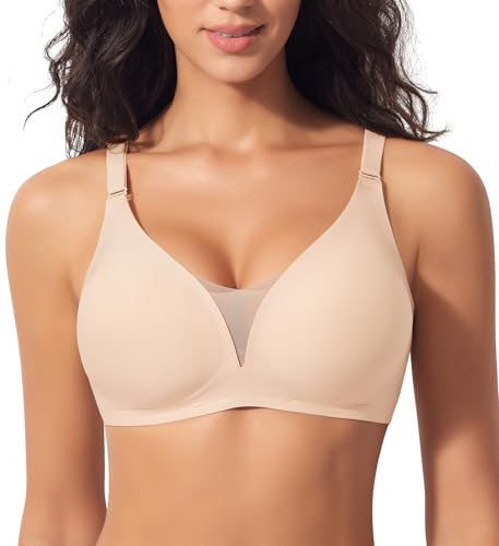 Ganado Modischer Mesh BH Damen Nahtloser BH ohne Bügel Bequem BHS Tiefem V-Ausschnitt Bügellos BHS Soft Bra Gepolstert Bralette (Beige, M)
