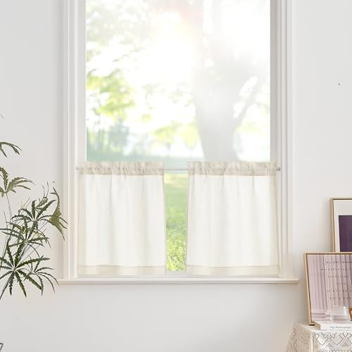 PONY DANCE Rideaux Cuisine - Rideau Voilage Lin Court Demi Transparent Décoration de Maison pour Petite Fenêtre Passe Tringle, Largeur 60cm sur Hauteur 45cm, 2 Pièces, Écru