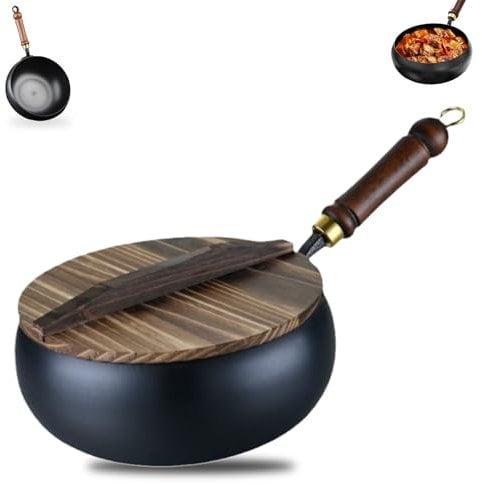 Uncoated Iron Pan, 9.45/11.02 in Hand-Forged Non-Stick Iron Pan, Chinese Wok, Uncoated Hand Forged Big Belly Pot with Wood lid for Induction and Stove (11.02in)