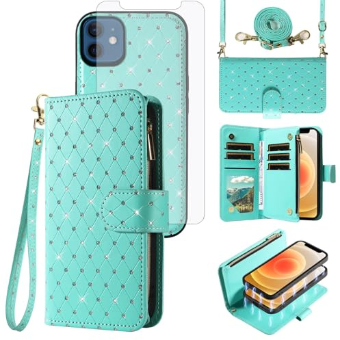 Asuwish Compatible with iPhone 12 Mini 5.4 Wallet Case Zipper Cell and Screen Protector Crossbody Strap Glitter Flip Card Holder Phone Cover for iPhone12mini 5G i 12s iPhone12 12mini Women Green