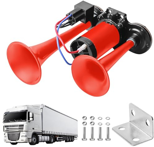 LWK Hupe 12V, 120db LKW Hupe Doppelrohr Lufthorn, Super Laut Autohupe mit Kompressor, Super Laut Air Horn, Lufthorn Train Horn, Lufthorn Drucklufthorn Kit für alle 12 V Fahrzeug, PKW, Zug, Boot, Rot