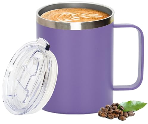 Thermal Mug, Insulated Coffee Mug with Handle and Sliding & Straw Lid, Leakproof Reusable Double Walled Vacuum Stainless Steel Travel Camping Cafe Tumbler Cup,Dishwasher Safe (Purple, 12 oz)