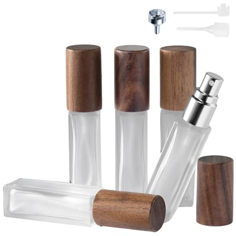 Cryslora Perfume Atomiser, Glass Perfume Container,Travel Bottle Refillable, Empty Portable Leakproof Frangrance Spray Bottle (Walnut 5pcs 10ml/0.5oz)