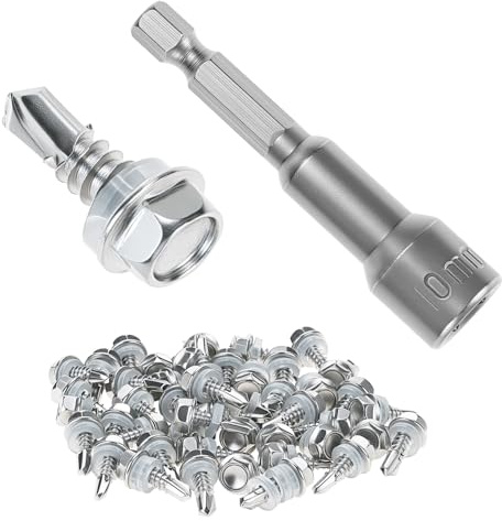 QWORK® 50 Stück M6.3 x 19MM 410 Edelstahl selbstschneidende schrauben mit Sechskant Steckschlussel, Schraubenbefestigungs Hardware