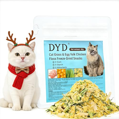 Gefriergetrocknete Katzensnacks mit Hühnchen, Katzengras & Eigelb - 65g, Mind. 45% Rohprotein, hilft bei Haarballen, verdauungsfördernd, für Katzen und Hunde geeignet