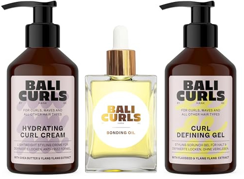BALI CURLS Set – Gel définissant les boucles (150 ml), Crème hydratante pour boucles (150 ml) et huile de liaison (30 ml) – Kit de soin pour des boucles définies, brillantes et bien soignées