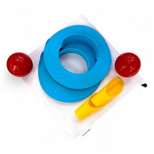 Bocce Hole™ Beach Game Complete Set – Roll-to-Score Sand Target Game with 2 Silicone Rings, 2 Custom 15 oz Bocce Balls, 2 Sand Scoops & Mesh Bag