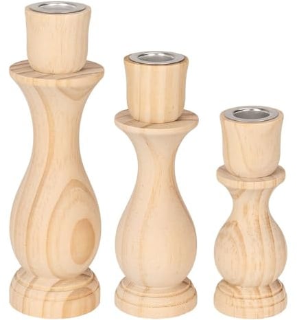 Ideen mit Herz Kerzenhalter für Stabkerzen | 3er Set Kerzenständer aus Holz | Natur | mit Metall-Einsatz | 12, 15 und 18 cm hoch | 3 Stück | für Stabkerzen mit 2,2 cm Durchmesser