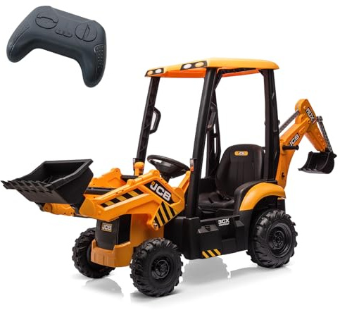 Baloveby Tractor Eléctrico para Niños 4 en 1 con Pala, 12V Excavadora Eléctrica con Control Remoto 2,4G, Motor Doble y Velocidad Ajustable de 2 a 4 km/h, 3+