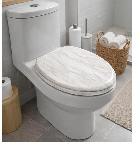 Yorkshire Homeware 18 Wooden Toilet Seats | MDF Wood Oval Toilet Seats with Bottom Fixings | Toilet Seat with Quick Close with Adjustable Hinges (Marble Finish Toilet Seat)