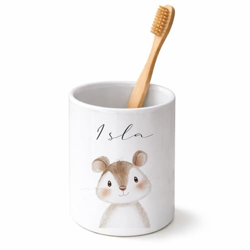 Personalisierter Zahnputzbecher für Kinder aus Keramik – Becher mit Wunschnamen & Tiermotiv, beidseitig Bedruckt – Zahnbürstenbecher fürs Badezimmer (Maus)