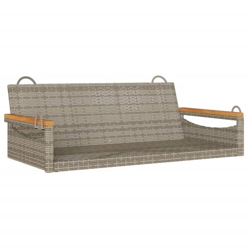 Owoxanthellate Hängebank Grau 109x62x40 cm Poly Rattan Gartenbank mit Akazienholz Untergestell UV-beständige Outdoor Sitzbank wetterfest für Garten Terrasse Balkon und Camping