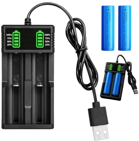 18650 Battery Charger Set with 2 Pack 3.7V 2200mAh Batteries, 18650 Battery Charger, USB 2 Slot Charger with LCD Display Smart for 18500 21700 26650 14500 18650
