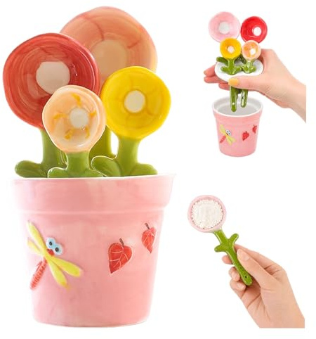 4pcs Flower Measuring Spoons Sets in Pot,Cute Ceramic Measuring Spoons Set,Decorative Flower Pot and Cup, for Dry and Liquid Ingredients (Pink)