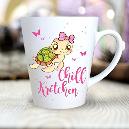 Wandtattoo-Loft® Bedruckte Konische Keramiktasse „Chill Krötchen“ mit niedlicher Schildkröte/beidseitig bedruckt/Tasse/Becher/Spülmaschinenfest/Kaffeetasse mit Motiv