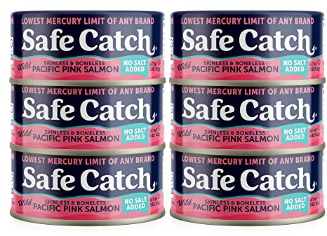 Safe Catch Wild Pacific Pink Canned Salmon Fish, No Salt, 5oz, 6-Pack
