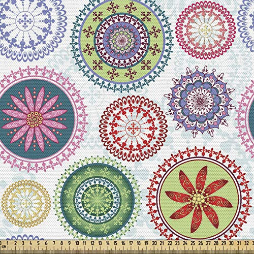 ABAKUHAUS Mandala Gewebe als Meterware, Vintage verzierten Kreise, Schön Gewebten Stoff für Polster und Wohnaccessoires, 1M (148x100cm), Grün Lila