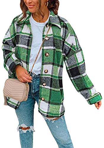 OMZIN Manches Longues Drapée Drapé Devant coudières Plaid Tartan Vichy Check Carreaux Cardigan Gilet Blouse Chemise Jacket Veste Blouson Haut Top Vert 3XL