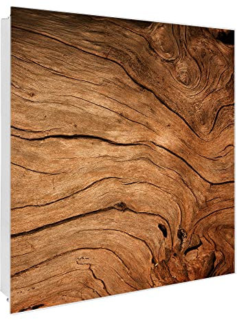 banjado Großer Schlüsselkasten Glas - Schlüsselbox 30x30cm mit 50 Haken - Schlüsselkasten modern für Schlüsselaufbewahrung mit beschreibbarer, magnetischer Glastür - Motiv Holzmaserung