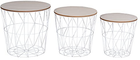 levandeo 3er Set Beistelltisch Metall Metallkorb Drahtkorb Weiß Natur Couchtisch Deckel Aufbewahrung Design Deko Tisch