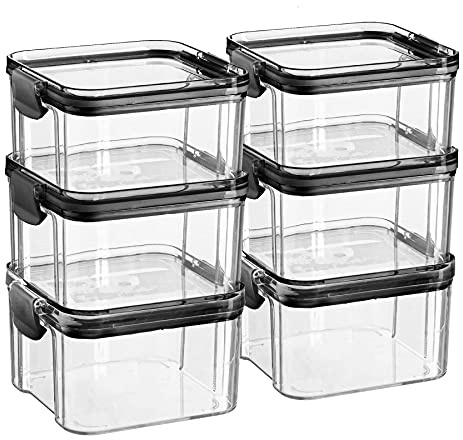 Argon Tableware Food Storage Containers - 460ml - Black - Pack of 6 - Clear Airtight Reusable Stackable Freezer Storage Meal Prep Container Lunch Box with Clip-Lock Lid