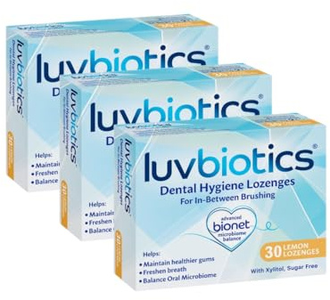 Luvbiotics – Probiotische Lutschtabletten mit Xylit & Aloe Vera 3x30 Stück Zitrone – Kaupastillen für Mundflora & Zahnpflege – Gegen Mundgeruch & Zahnfleischprobleme – Dental Probiotika Pastillen