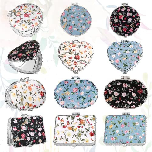 HOINCO 12 PCS Blumendruck Spiegel Taschenspiegel, 4 Stile Retro Doppelseitige Blumendruck Kompakte Kosmetische Werkzeug Tragbare Mini Taschenspiegel Handspiegel