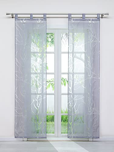 Delien 2er Set Voile Schiebevorhänge mit Schlaufen Ausbrennergardine Flächenvorhänge »Winterzweige« Transparente Gardinen mit Äste Muster Wohnzimmer Fenster Schals Vorhang BxH 57x245cm,Grau
